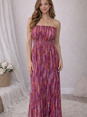 Route 66 Women's Maxi Dress in Fuchsia, Pink, Orange and Yellow